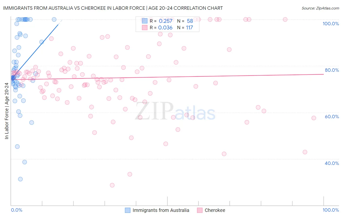 Immigrants from Australia vs Cherokee In Labor Force | Age 20-24