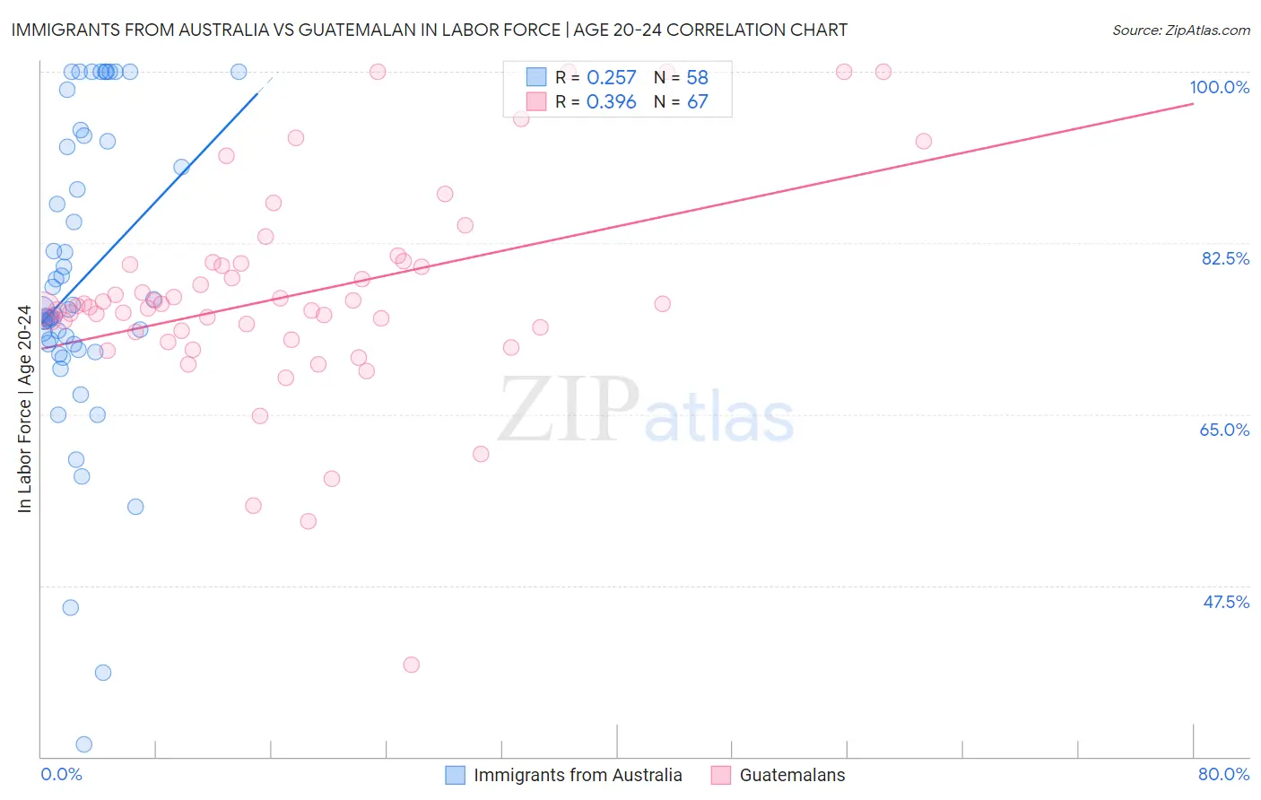 Immigrants from Australia vs Guatemalan In Labor Force | Age 20-24
