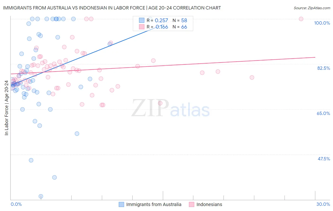 Immigrants from Australia vs Indonesian In Labor Force | Age 20-24