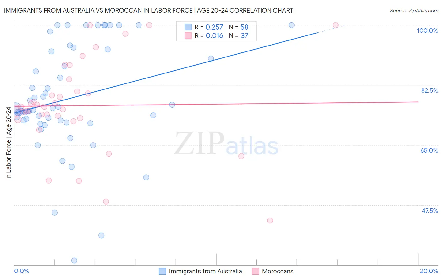 Immigrants from Australia vs Moroccan In Labor Force | Age 20-24