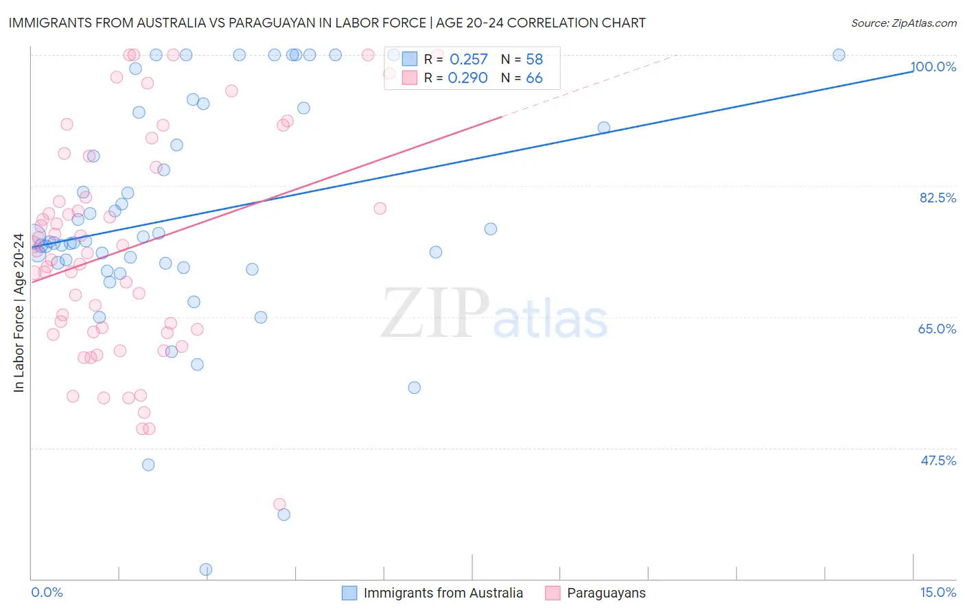 Immigrants from Australia vs Paraguayan In Labor Force | Age 20-24