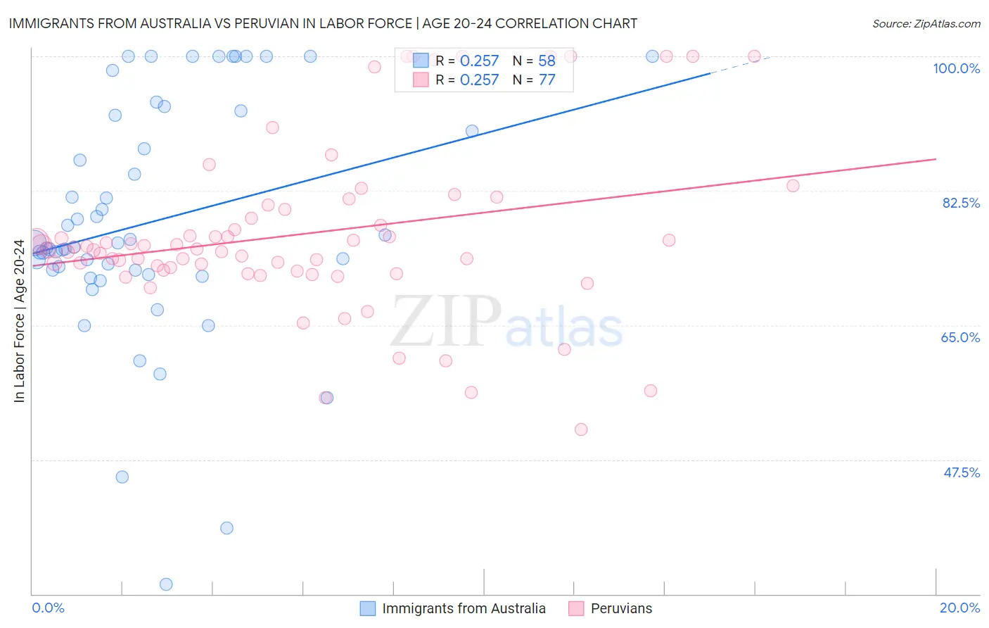 Immigrants from Australia vs Peruvian In Labor Force | Age 20-24
