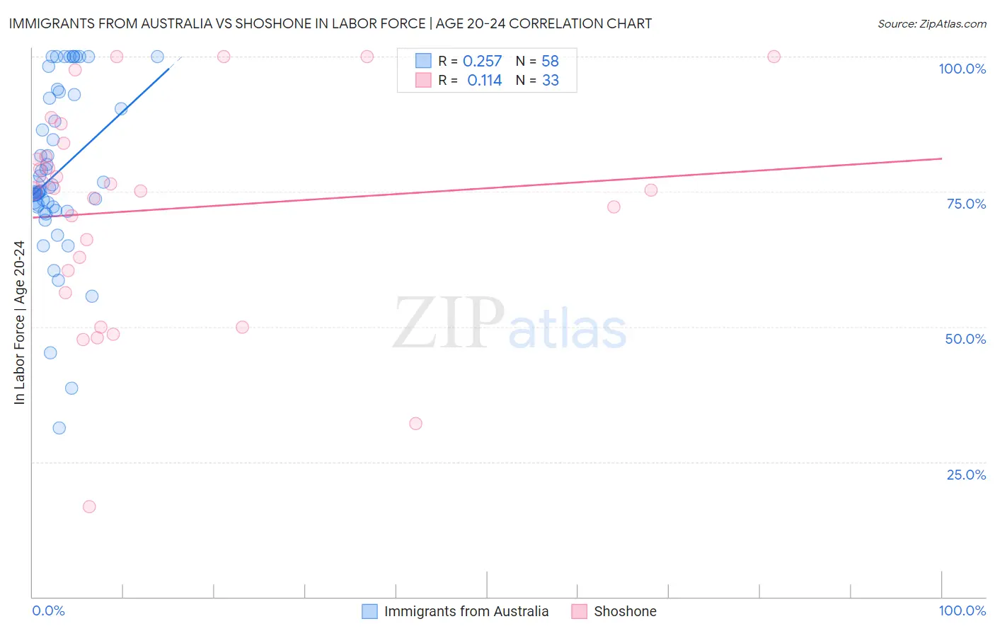 Immigrants from Australia vs Shoshone In Labor Force | Age 20-24