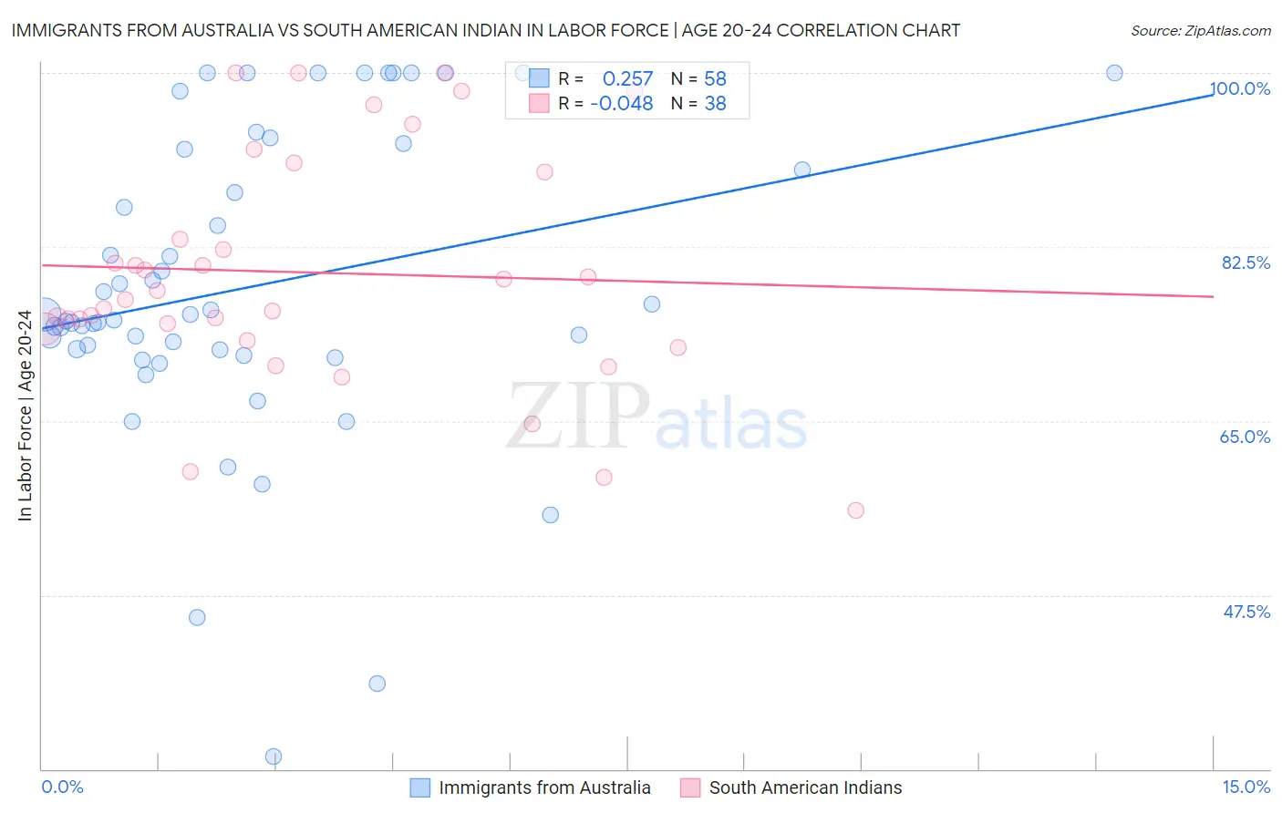 Immigrants from Australia vs South American Indian In Labor Force | Age 20-24