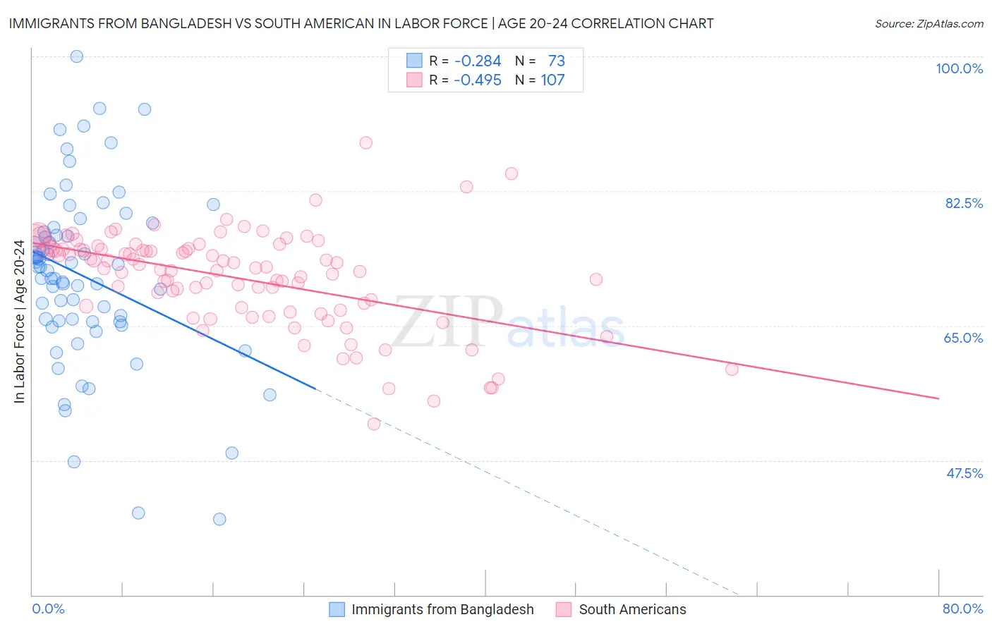 Immigrants from Bangladesh vs South American In Labor Force | Age 20-24