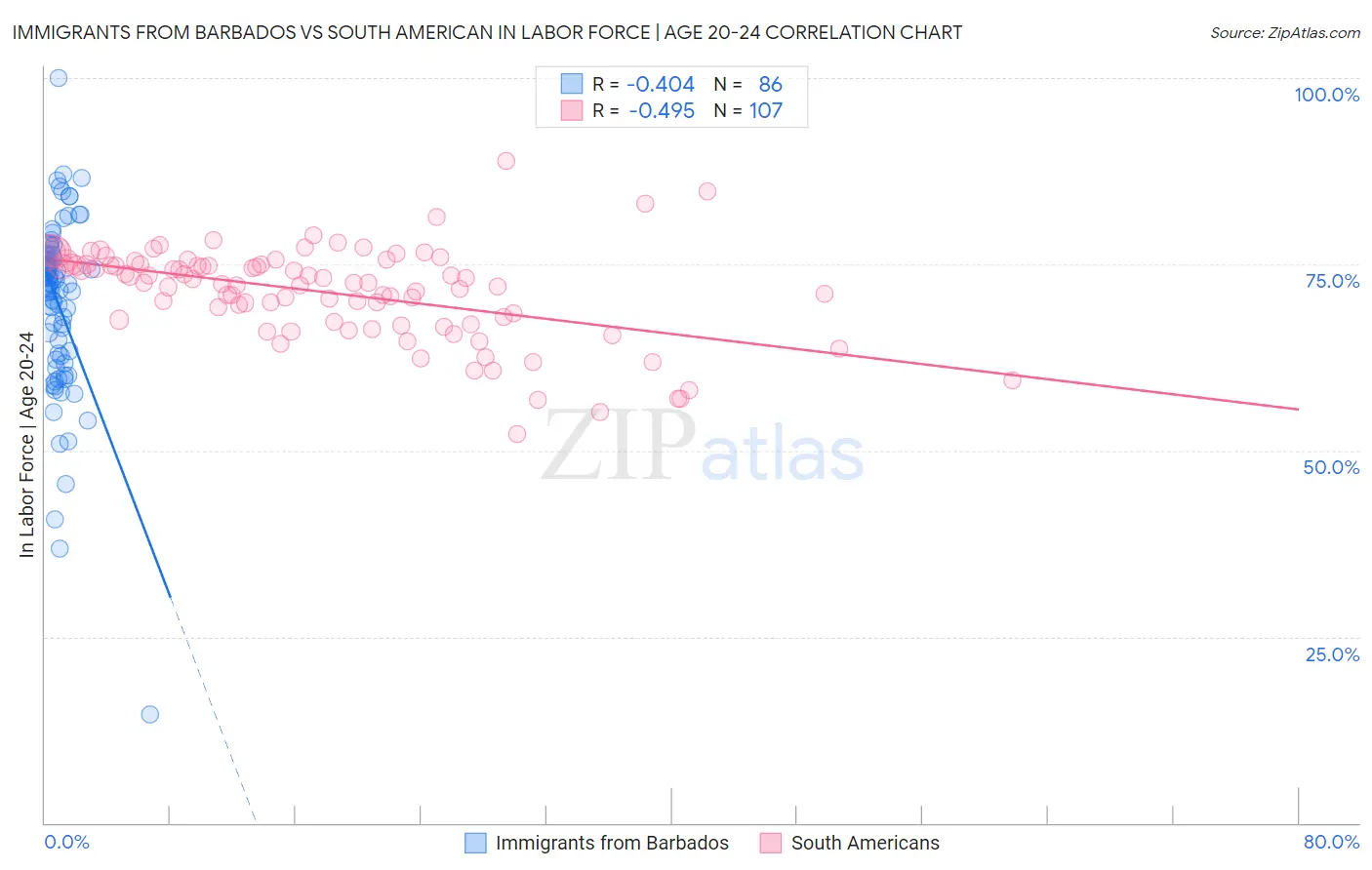 Immigrants from Barbados vs South American In Labor Force | Age 20-24