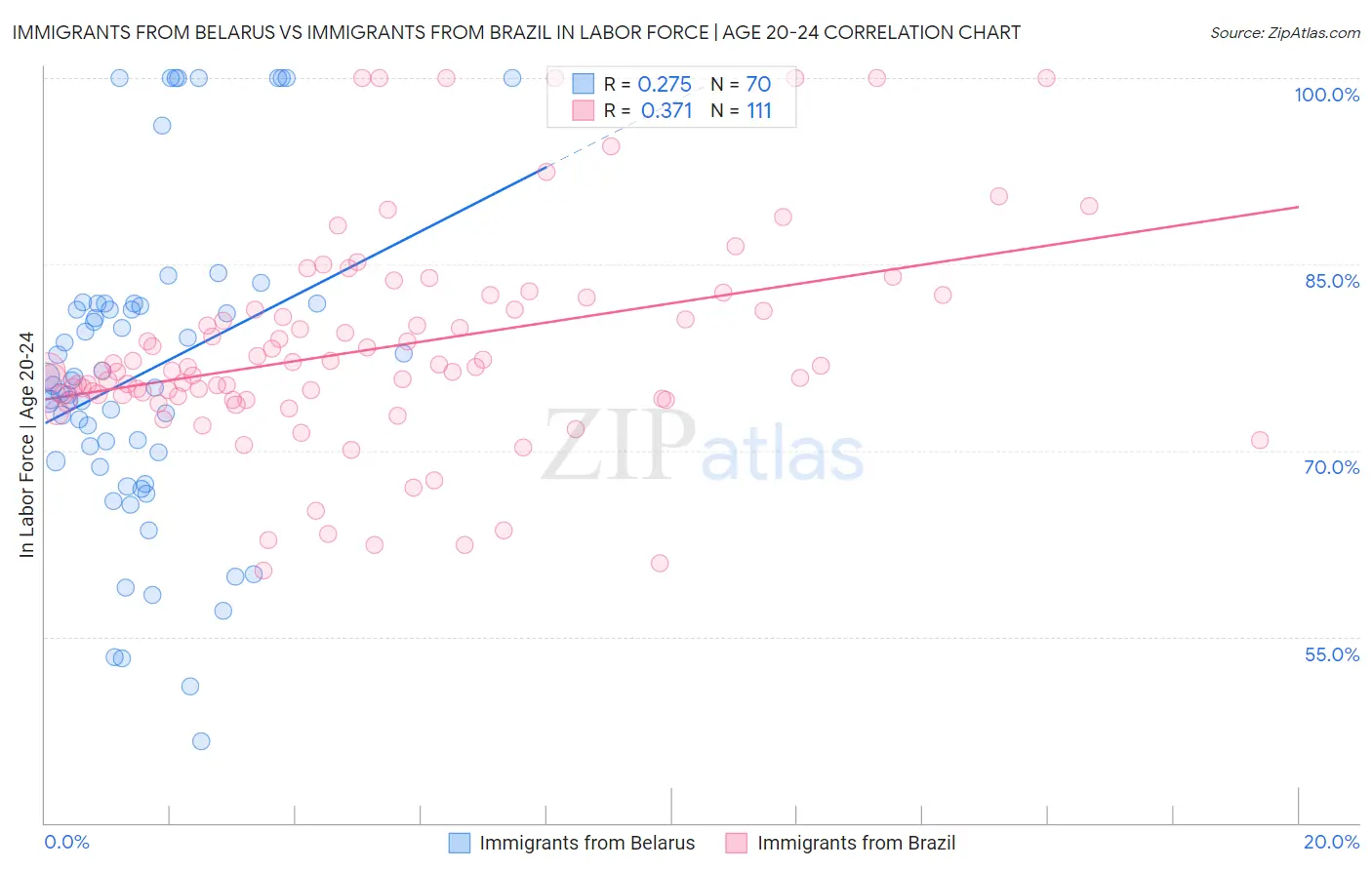 Immigrants from Belarus vs Immigrants from Brazil In Labor Force | Age 20-24
