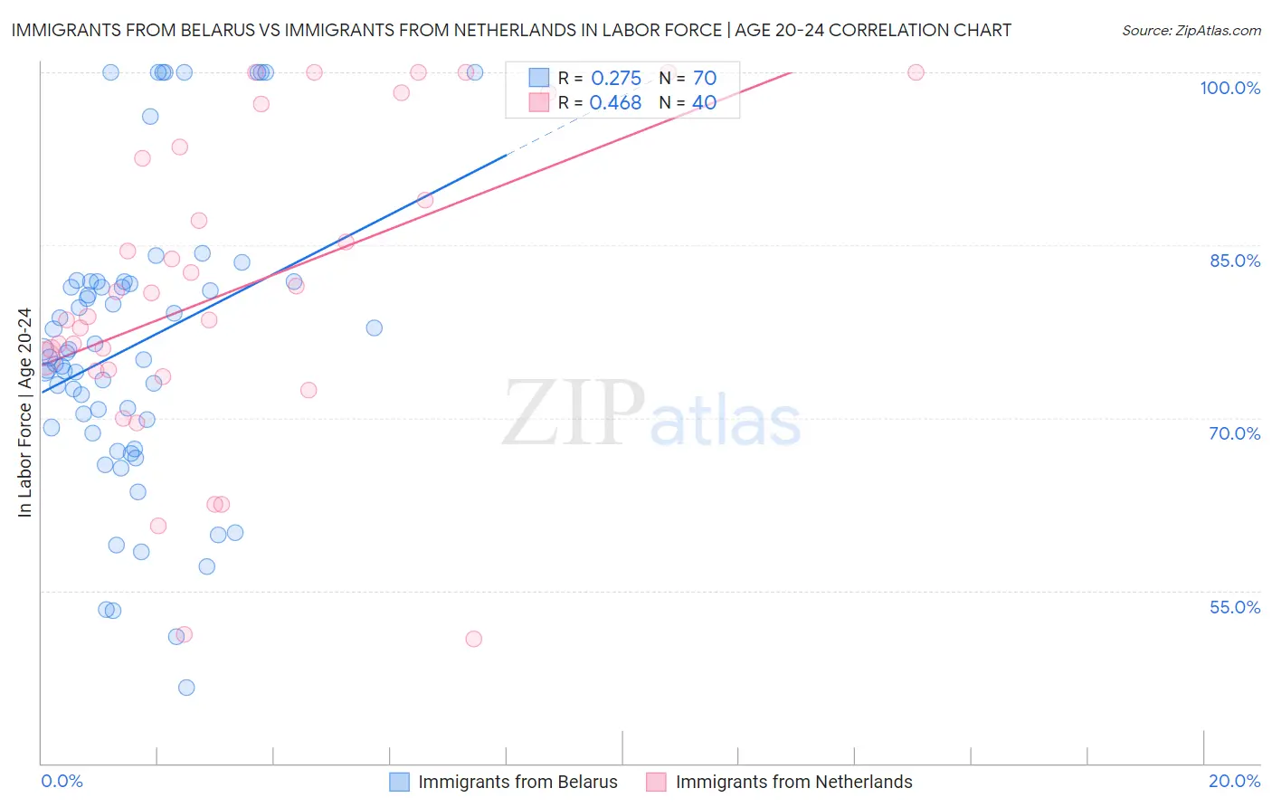 Immigrants from Belarus vs Immigrants from Netherlands In Labor Force | Age 20-24