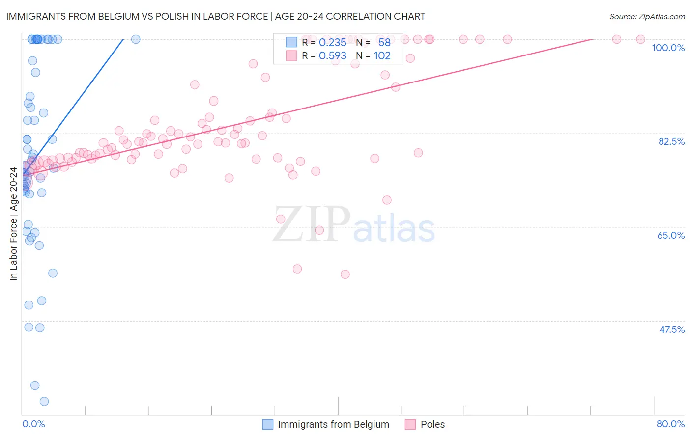 Immigrants from Belgium vs Polish In Labor Force | Age 20-24