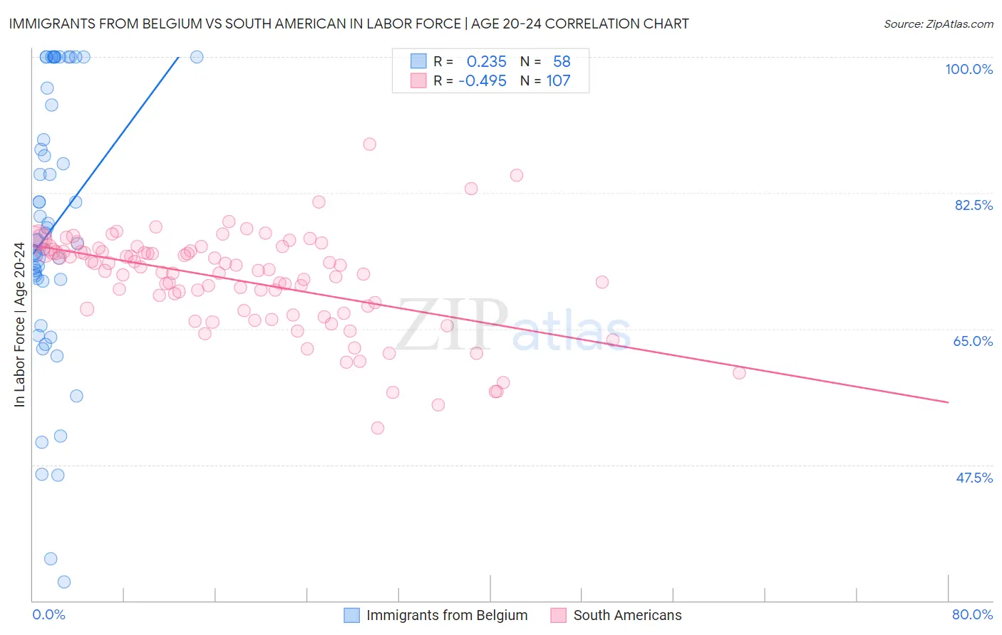 Immigrants from Belgium vs South American In Labor Force | Age 20-24