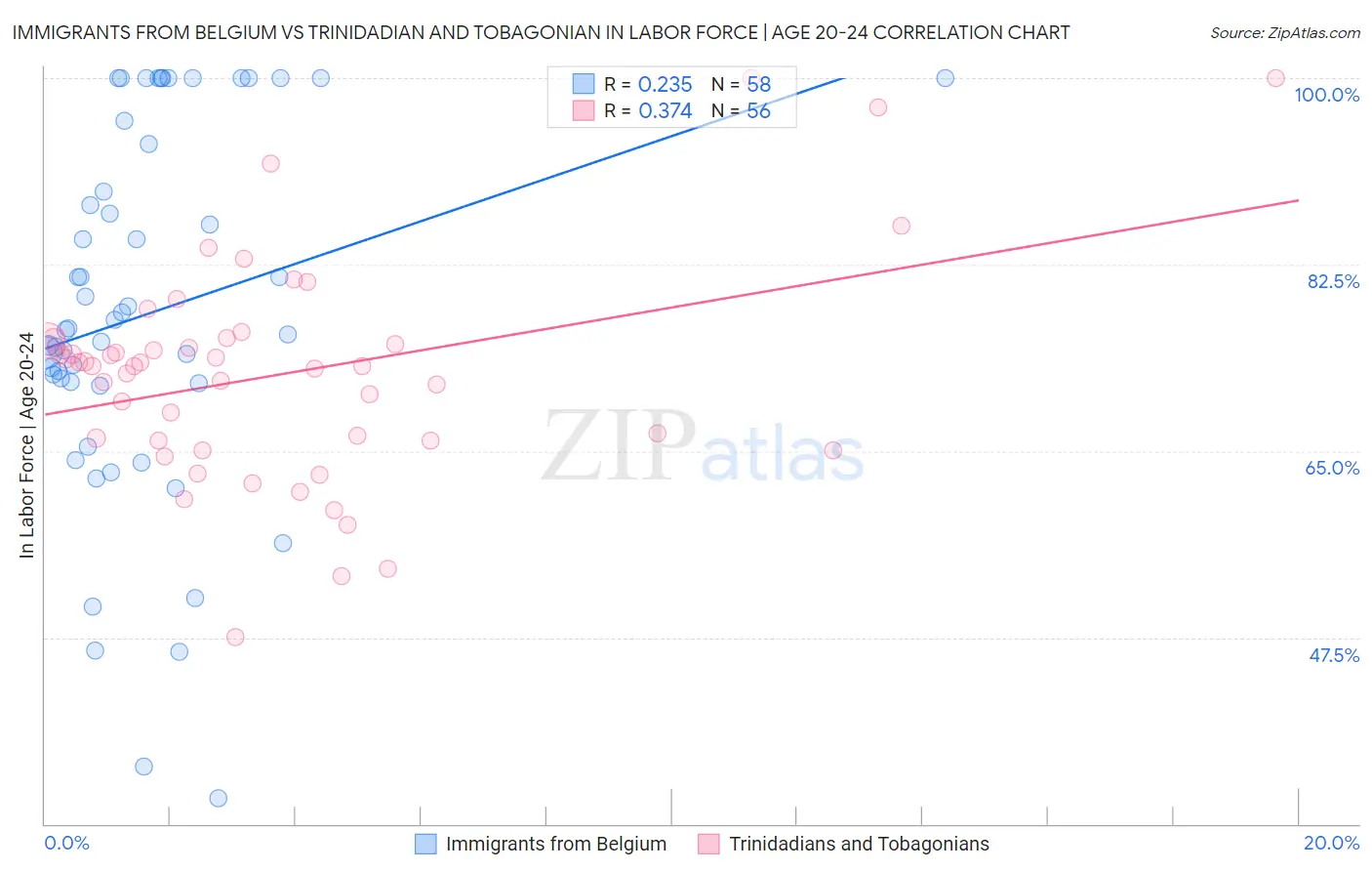 Immigrants from Belgium vs Trinidadian and Tobagonian In Labor Force | Age 20-24