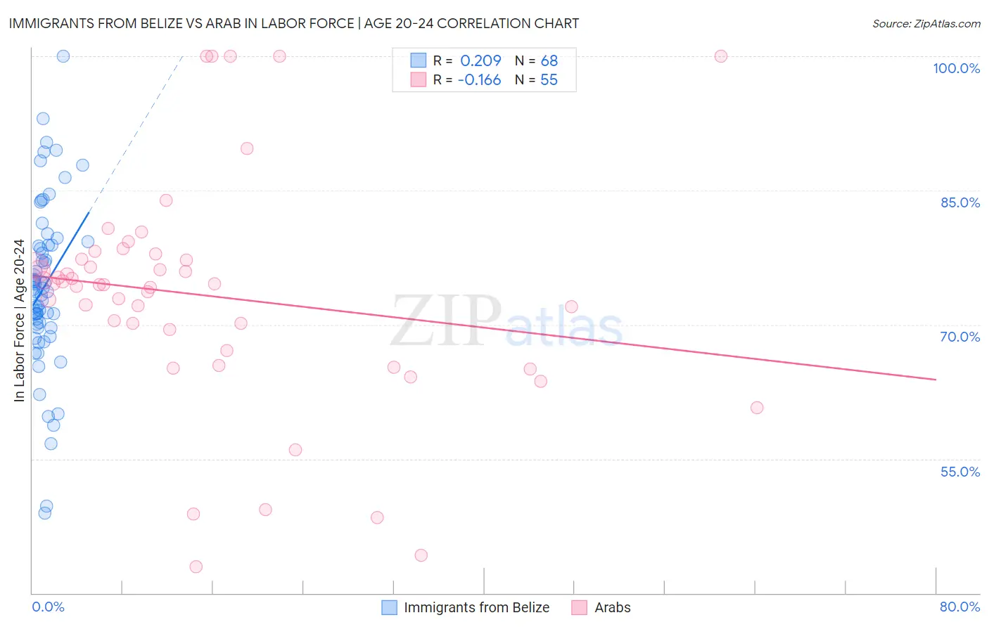 Immigrants from Belize vs Arab In Labor Force | Age 20-24