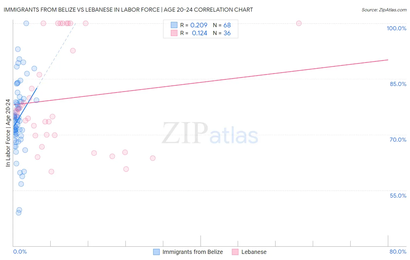 Immigrants from Belize vs Lebanese In Labor Force | Age 20-24