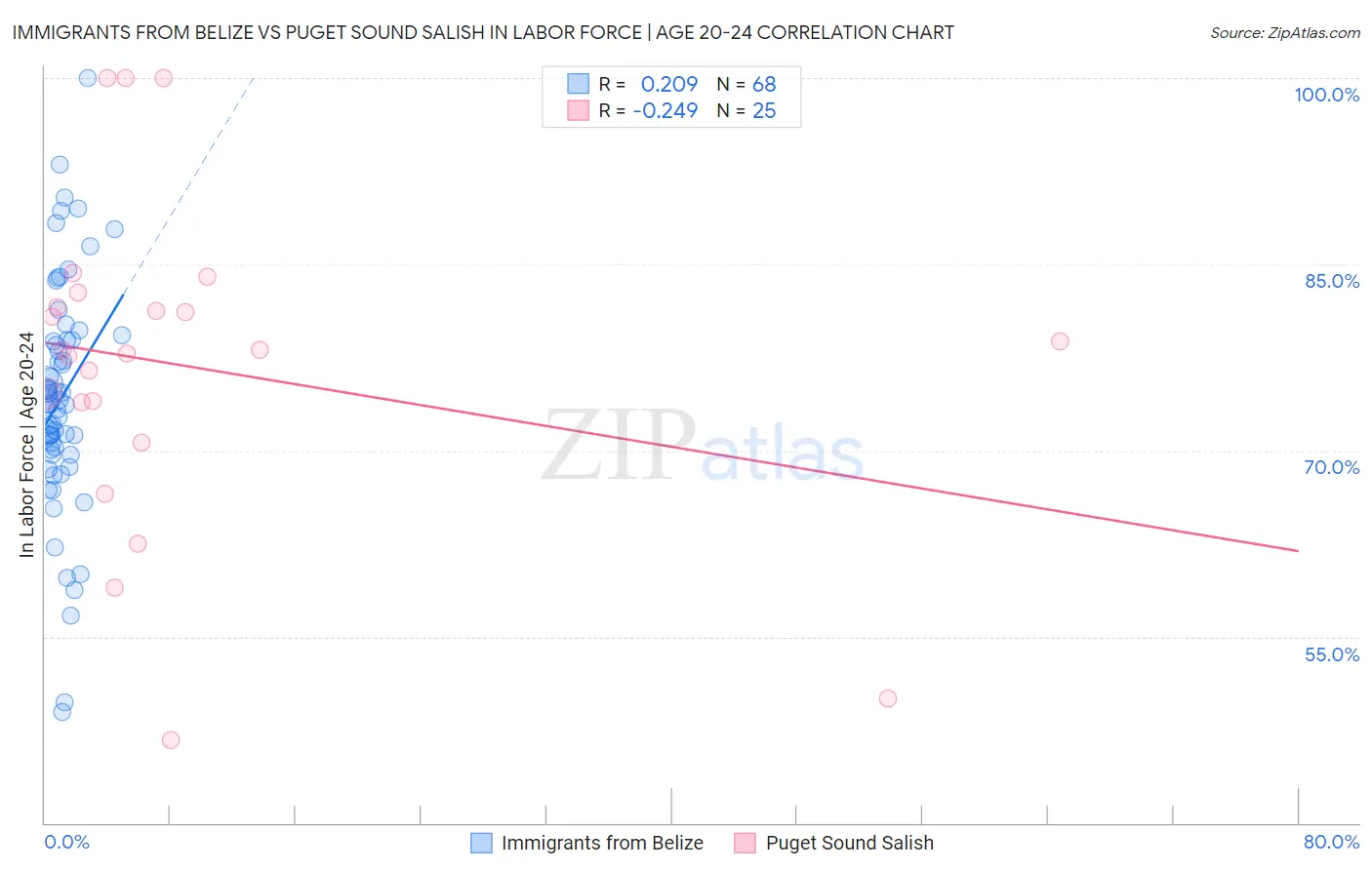 Immigrants from Belize vs Puget Sound Salish In Labor Force | Age 20-24