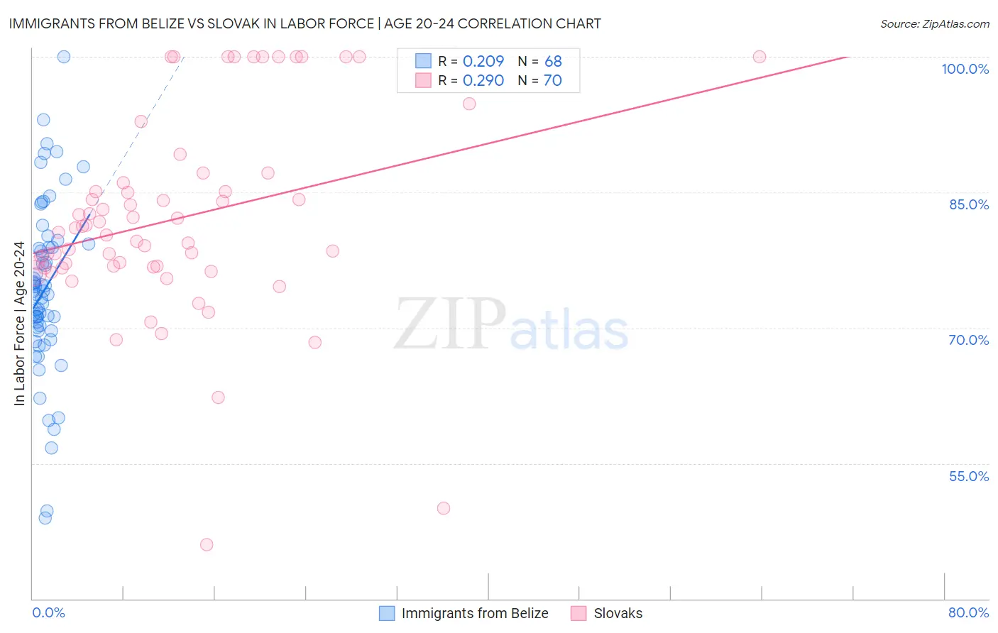 Immigrants from Belize vs Slovak In Labor Force | Age 20-24