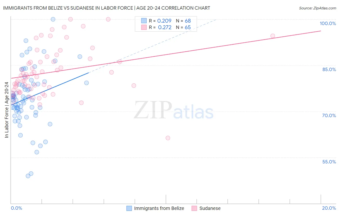 Immigrants from Belize vs Sudanese In Labor Force | Age 20-24