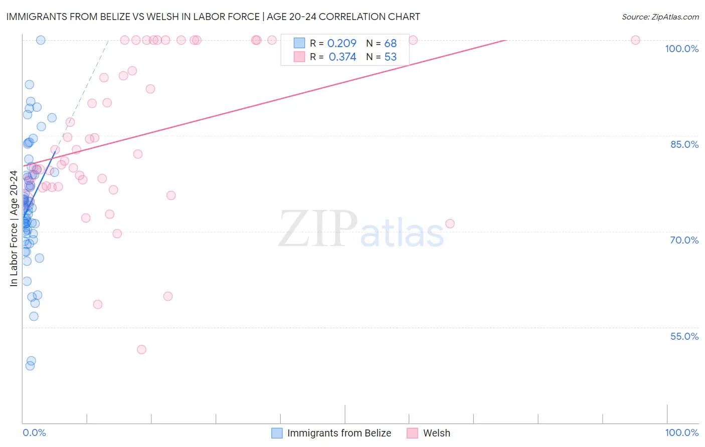 Immigrants from Belize vs Welsh In Labor Force | Age 20-24