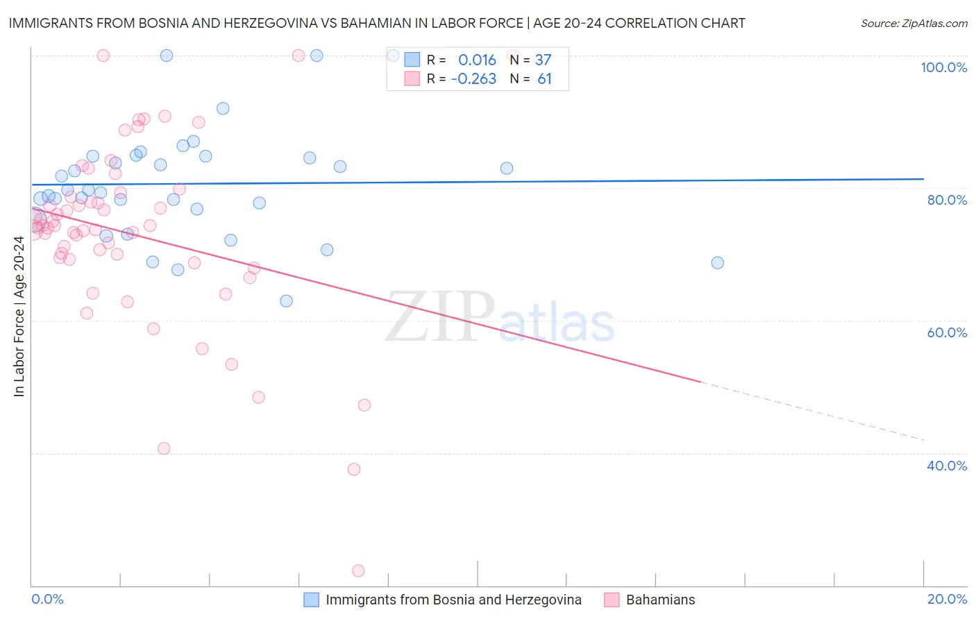 Immigrants from Bosnia and Herzegovina vs Bahamian In Labor Force | Age 20-24