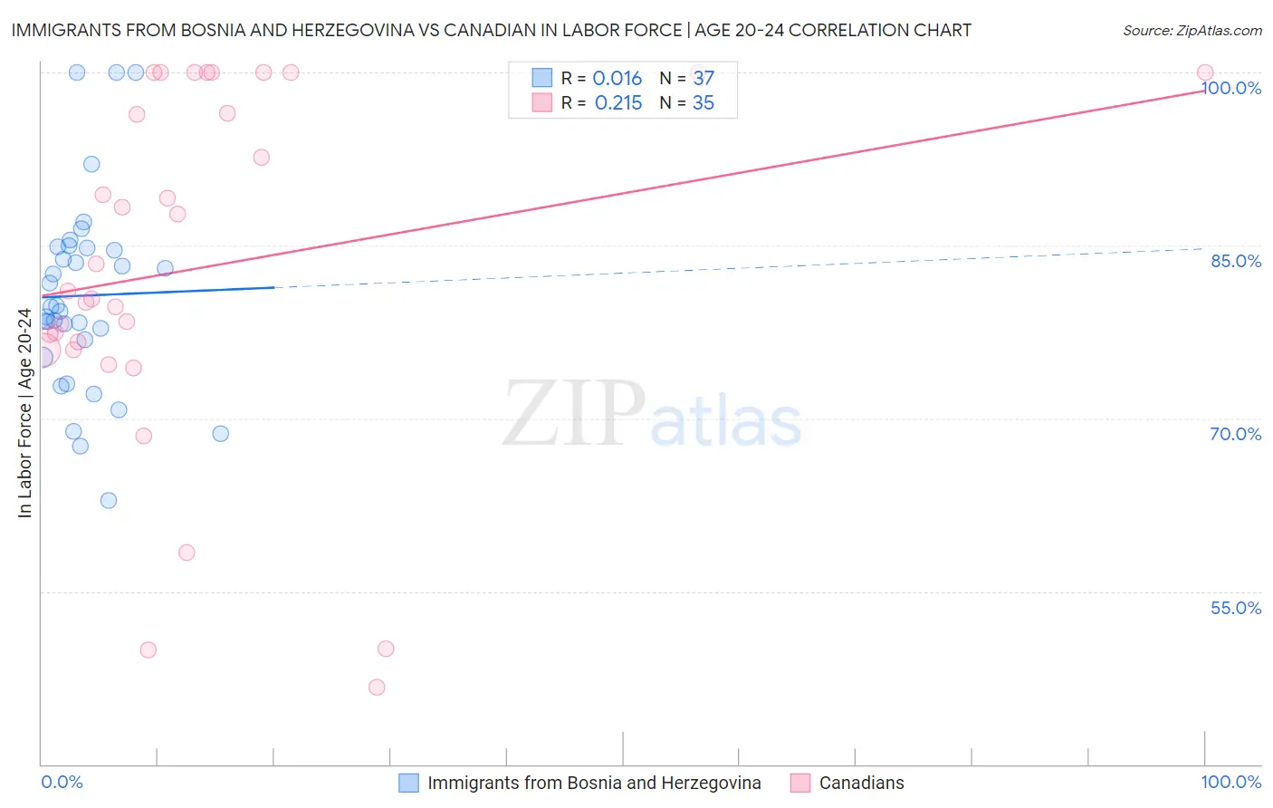 Immigrants from Bosnia and Herzegovina vs Canadian In Labor Force | Age 20-24