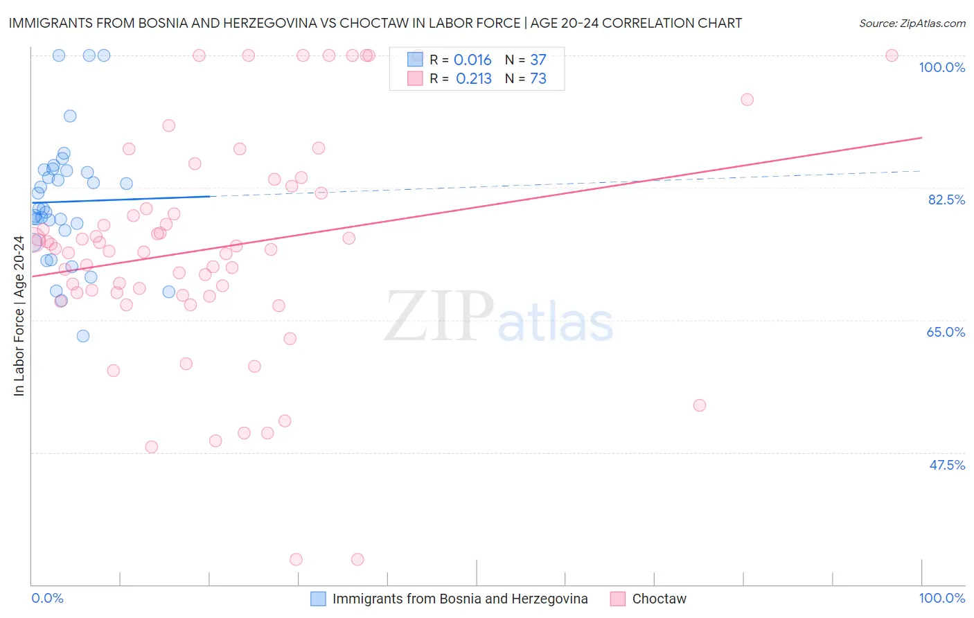 Immigrants from Bosnia and Herzegovina vs Choctaw In Labor Force | Age 20-24