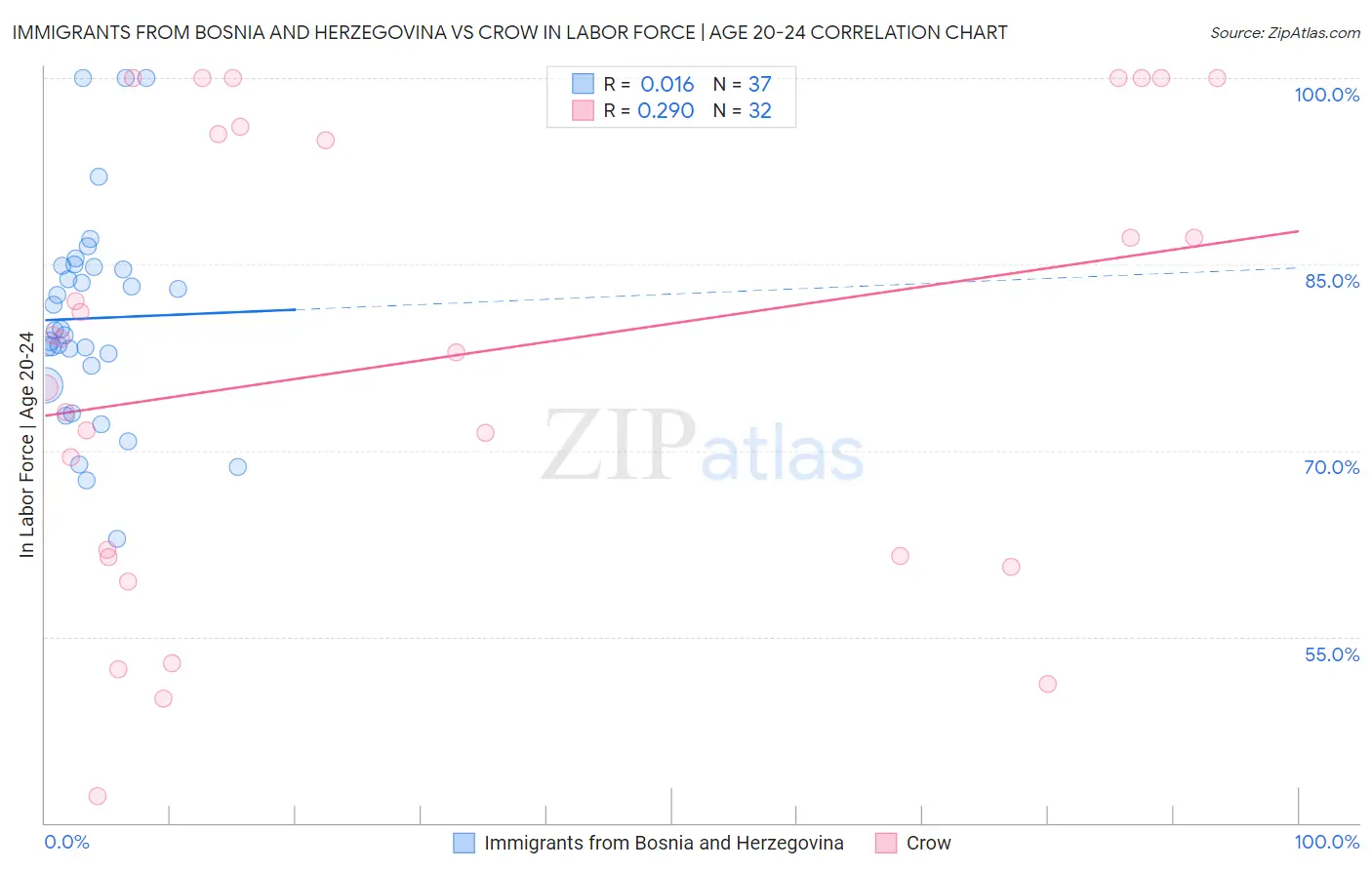 Immigrants from Bosnia and Herzegovina vs Crow In Labor Force | Age 20-24