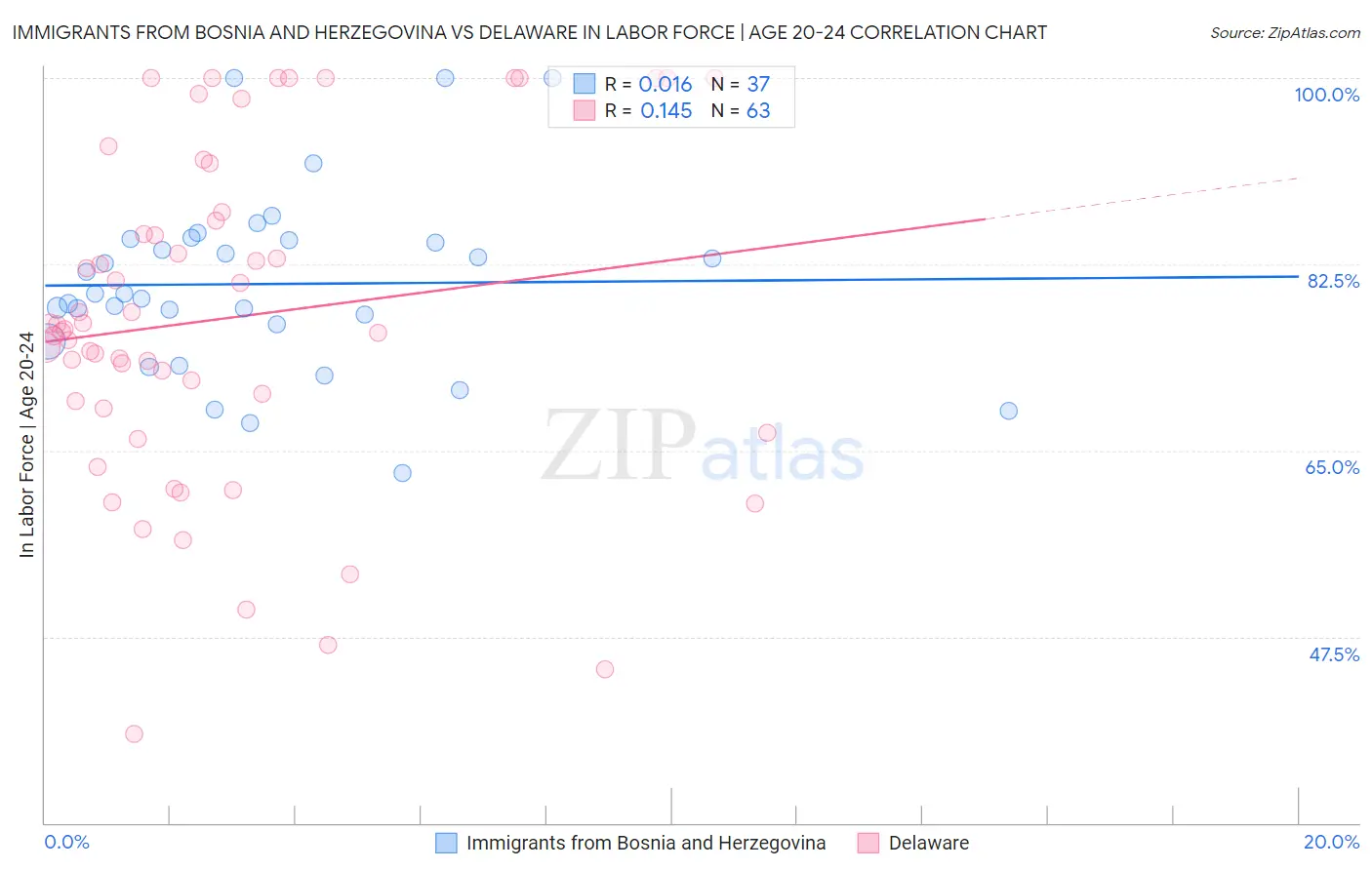 Immigrants from Bosnia and Herzegovina vs Delaware In Labor Force | Age 20-24