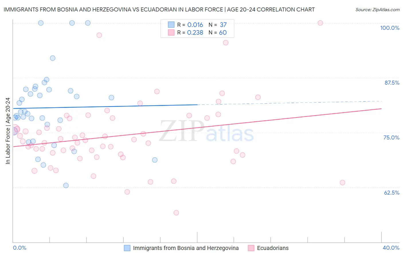Immigrants from Bosnia and Herzegovina vs Ecuadorian In Labor Force | Age 20-24