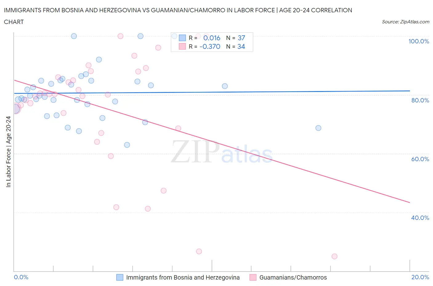 Immigrants from Bosnia and Herzegovina vs Guamanian/Chamorro In Labor Force | Age 20-24