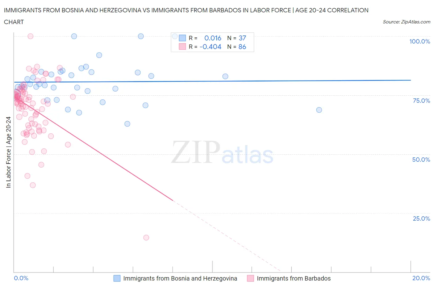 Immigrants from Bosnia and Herzegovina vs Immigrants from Barbados In Labor Force | Age 20-24