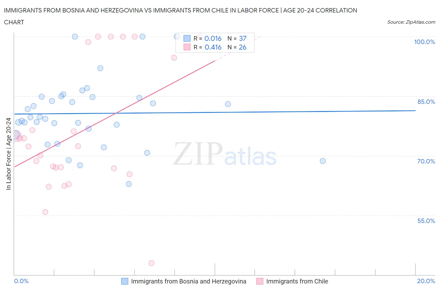 Immigrants from Bosnia and Herzegovina vs Immigrants from Chile In Labor Force | Age 20-24