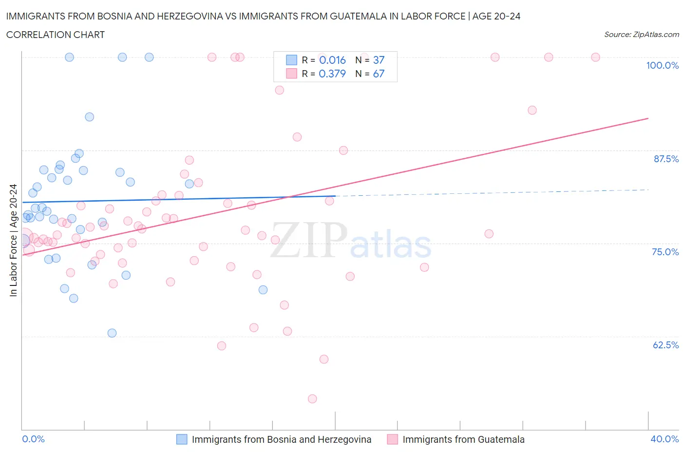 Immigrants from Bosnia and Herzegovina vs Immigrants from Guatemala In Labor Force | Age 20-24