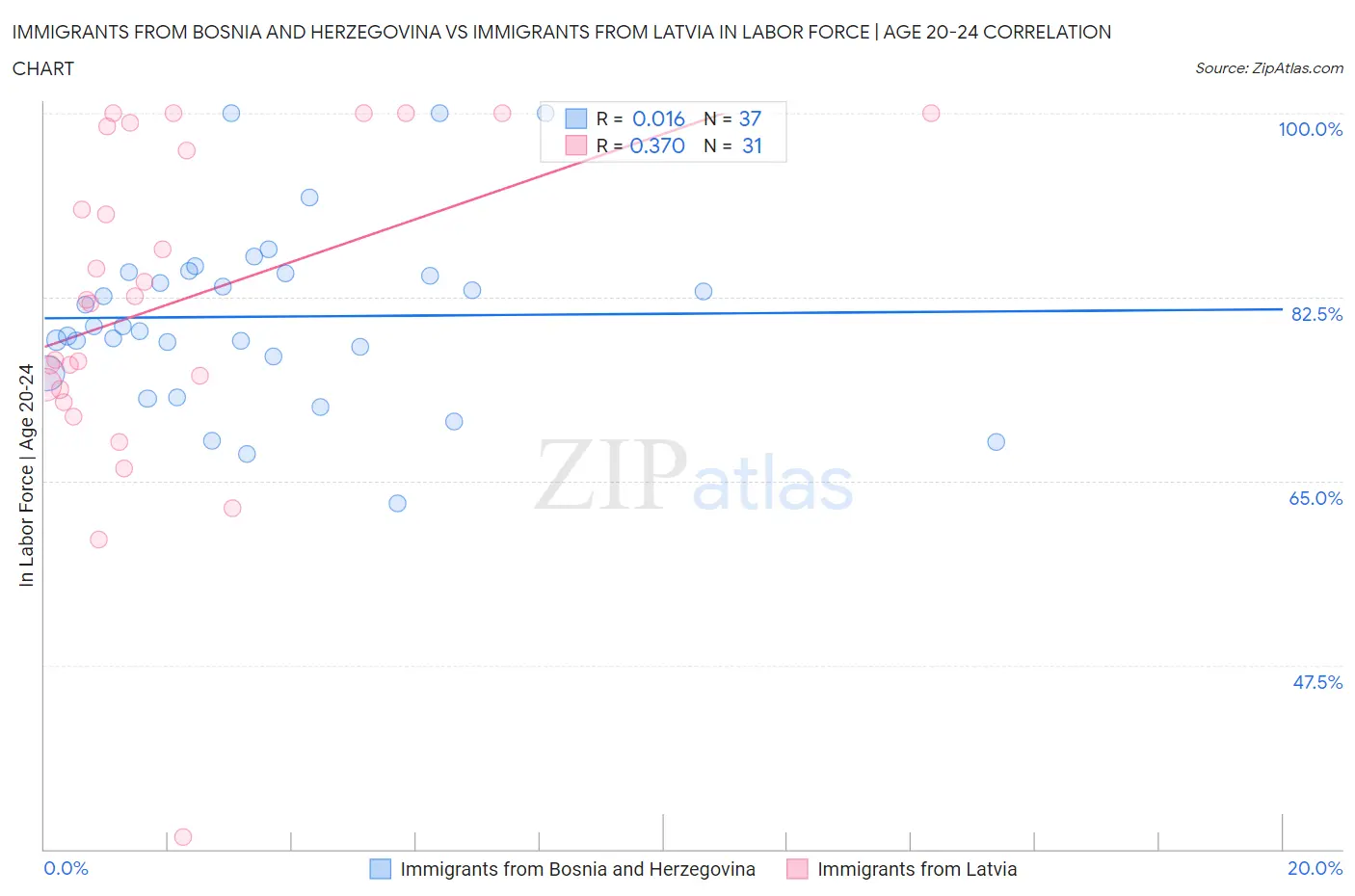 Immigrants from Bosnia and Herzegovina vs Immigrants from Latvia In Labor Force | Age 20-24