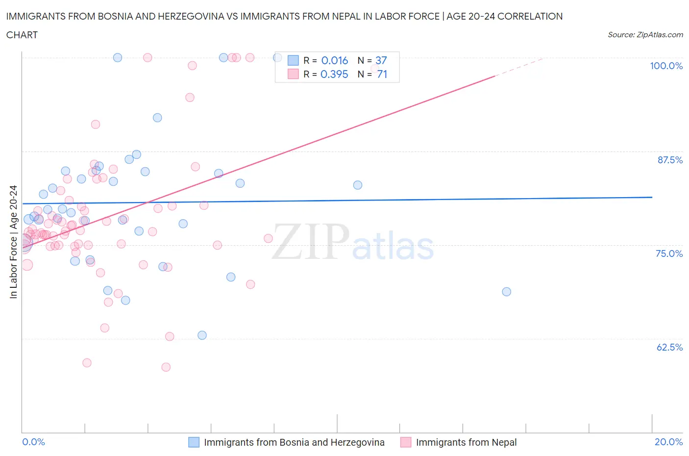 Immigrants from Bosnia and Herzegovina vs Immigrants from Nepal In Labor Force | Age 20-24