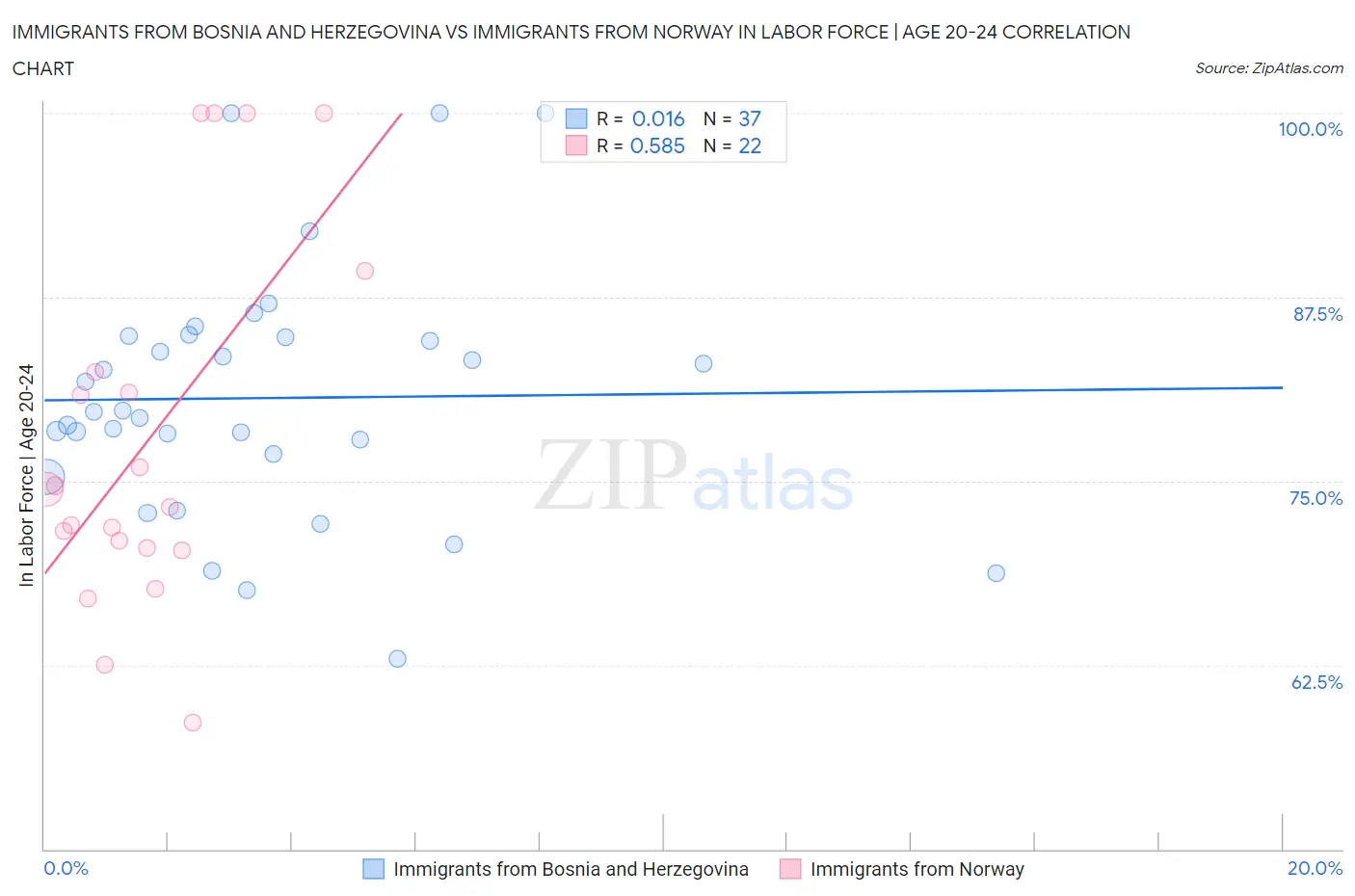 Immigrants from Bosnia and Herzegovina vs Immigrants from Norway In Labor Force | Age 20-24