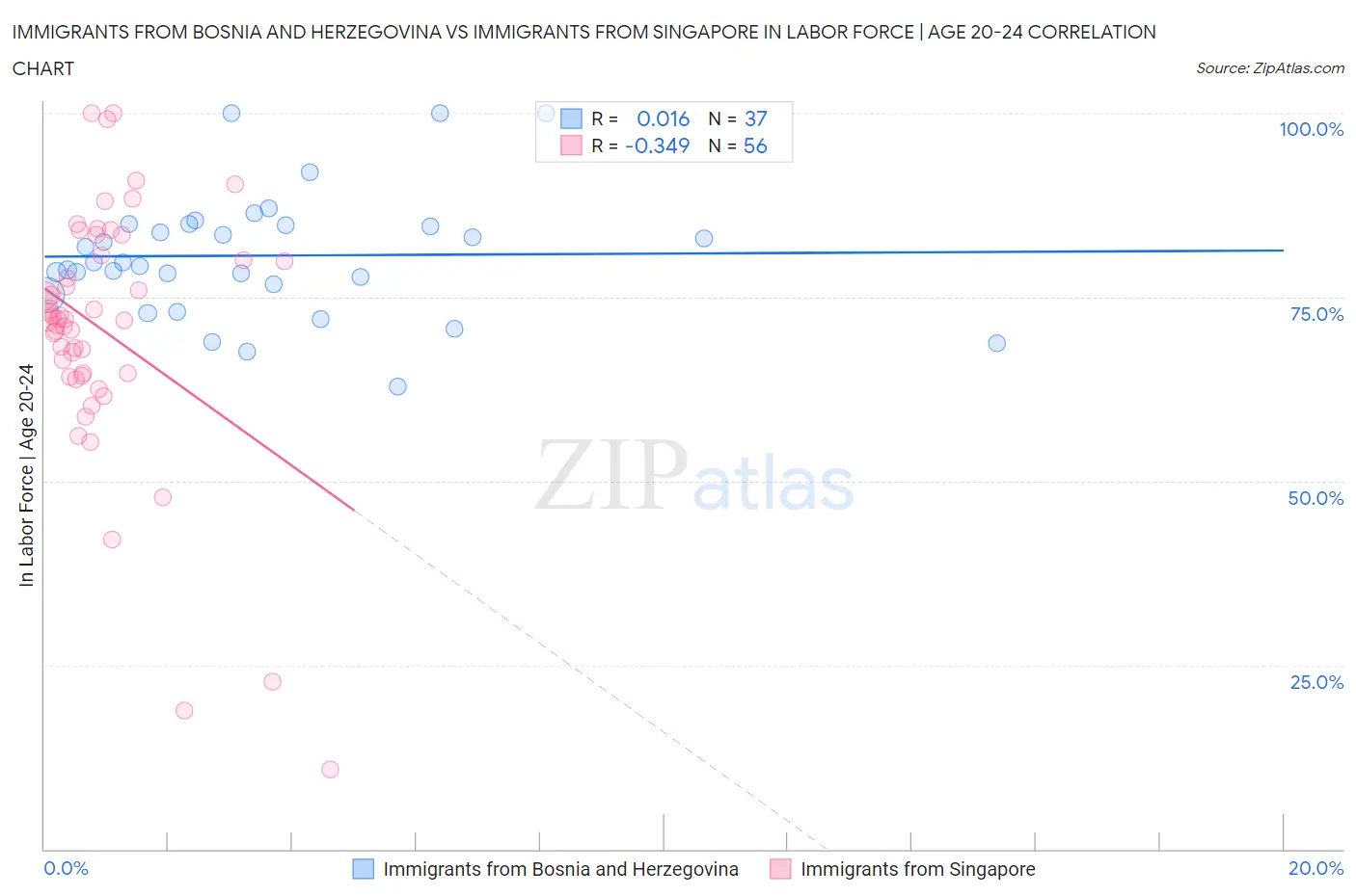 Immigrants from Bosnia and Herzegovina vs Immigrants from Singapore In Labor Force | Age 20-24