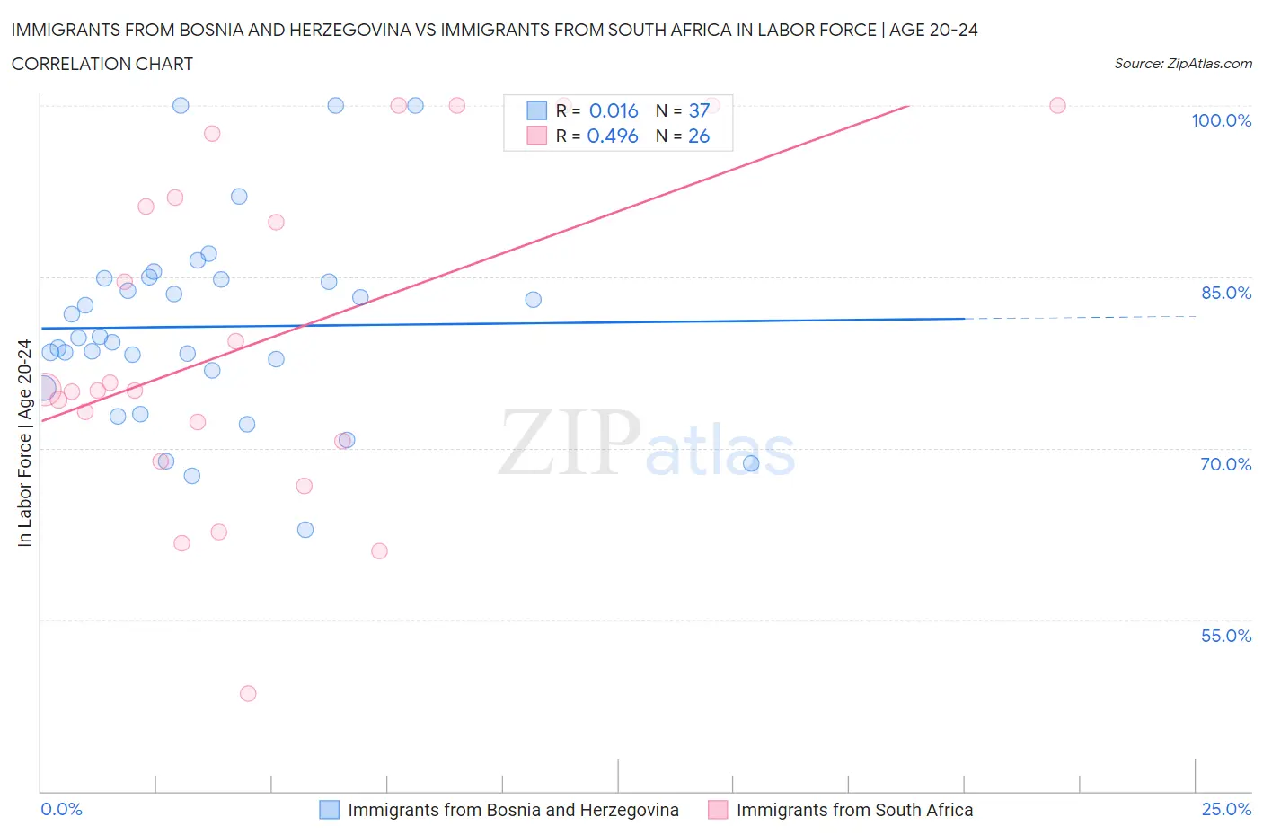 Immigrants from Bosnia and Herzegovina vs Immigrants from South Africa In Labor Force | Age 20-24