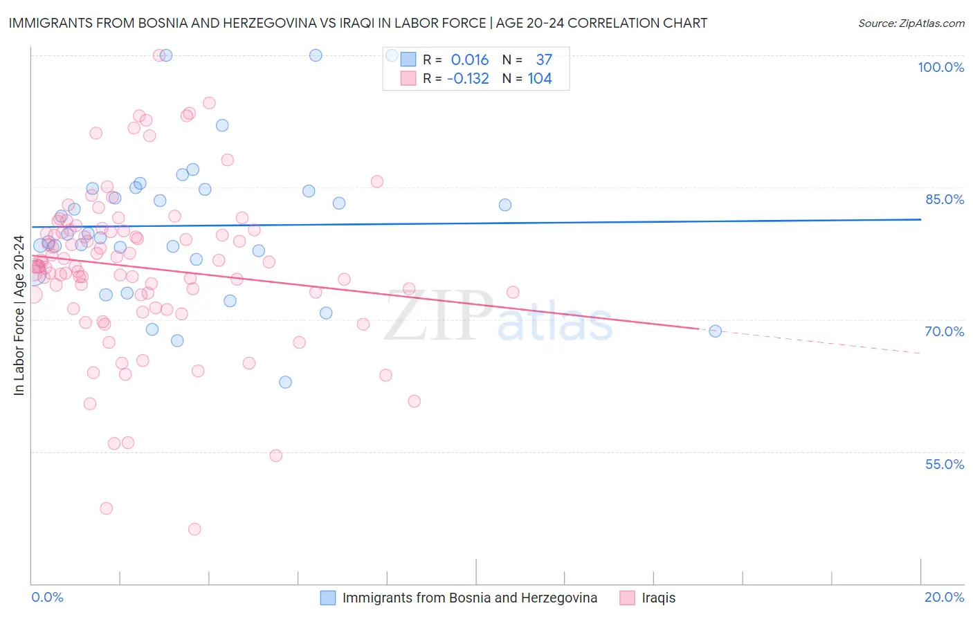 Immigrants from Bosnia and Herzegovina vs Iraqi In Labor Force | Age 20-24