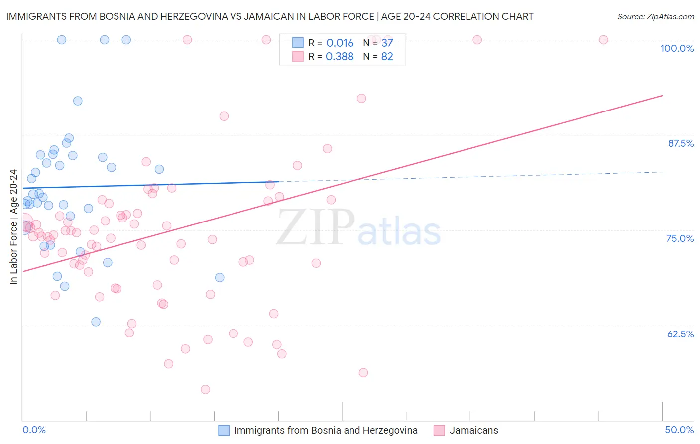 Immigrants from Bosnia and Herzegovina vs Jamaican In Labor Force | Age 20-24