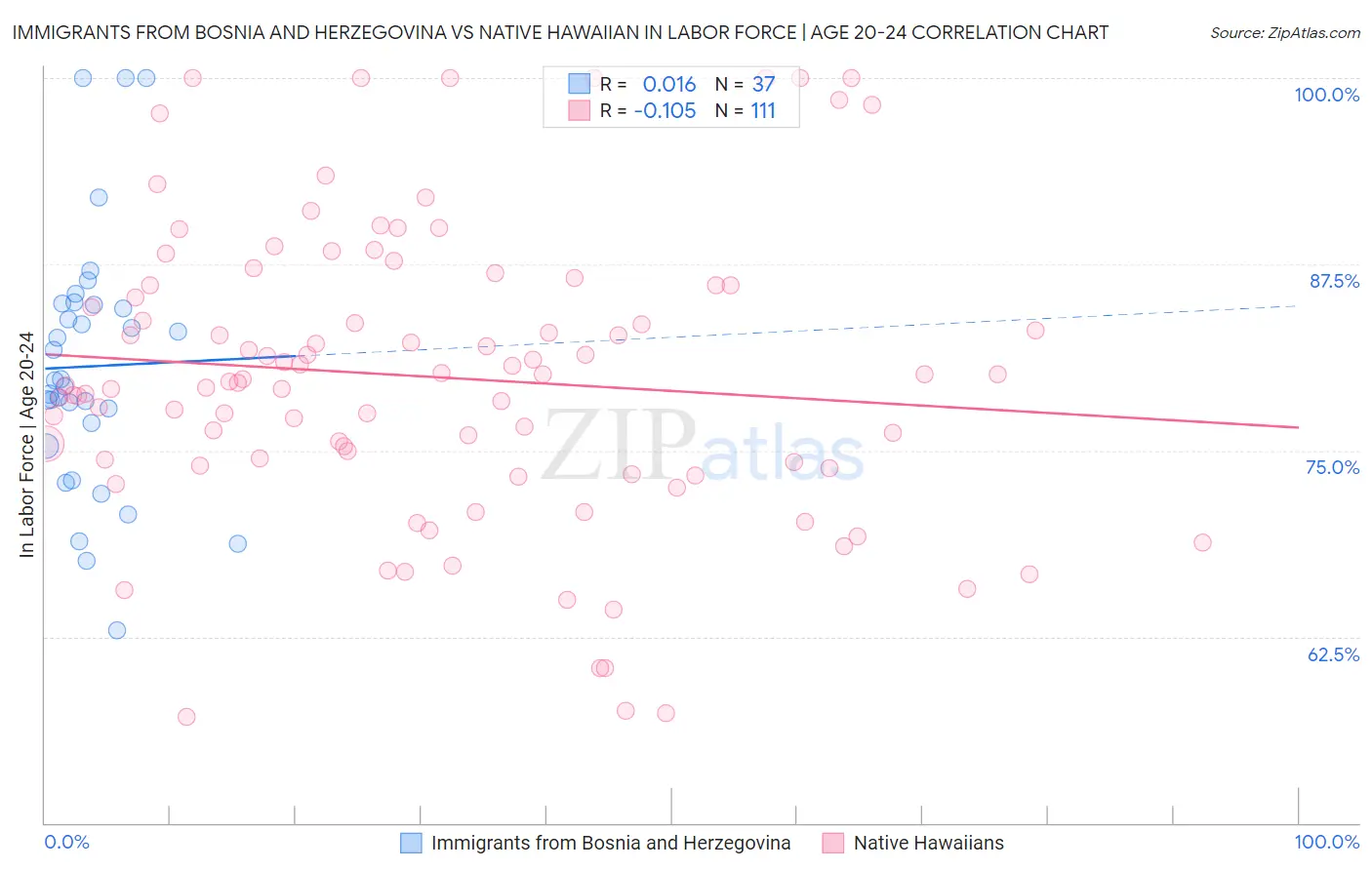 Immigrants from Bosnia and Herzegovina vs Native Hawaiian In Labor Force | Age 20-24