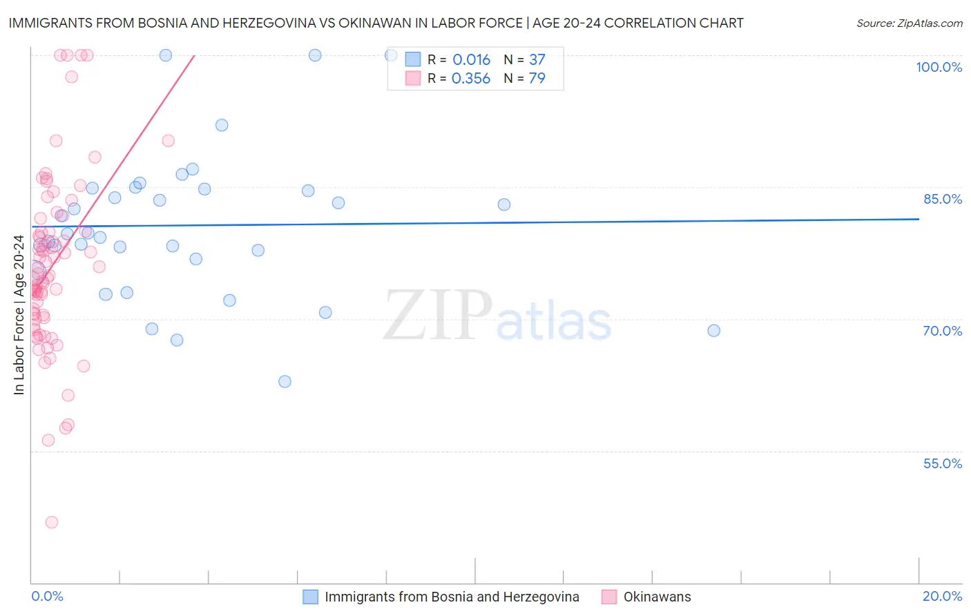 Immigrants from Bosnia and Herzegovina vs Okinawan In Labor Force | Age 20-24