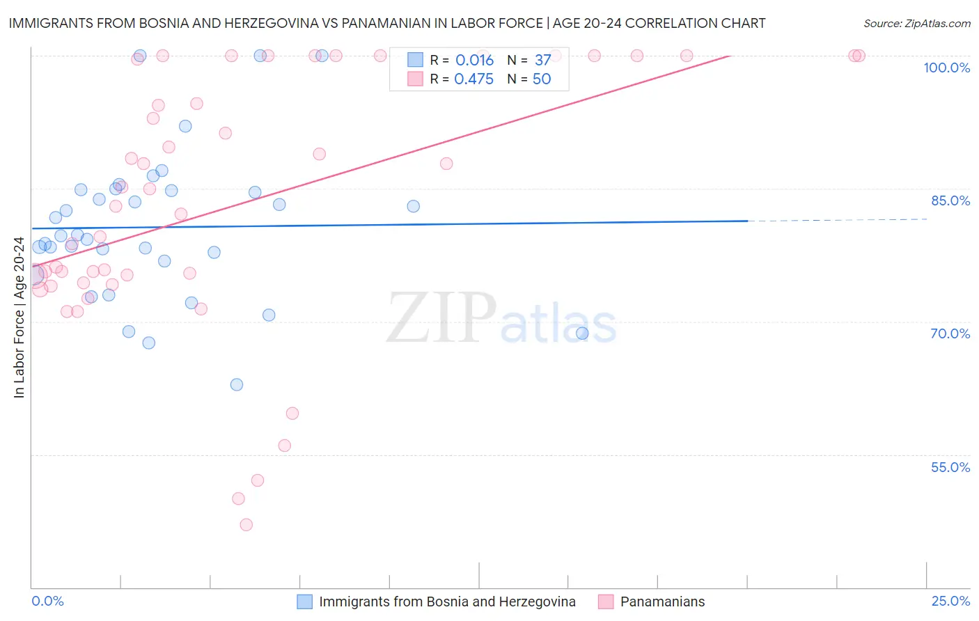 Immigrants from Bosnia and Herzegovina vs Panamanian In Labor Force | Age 20-24