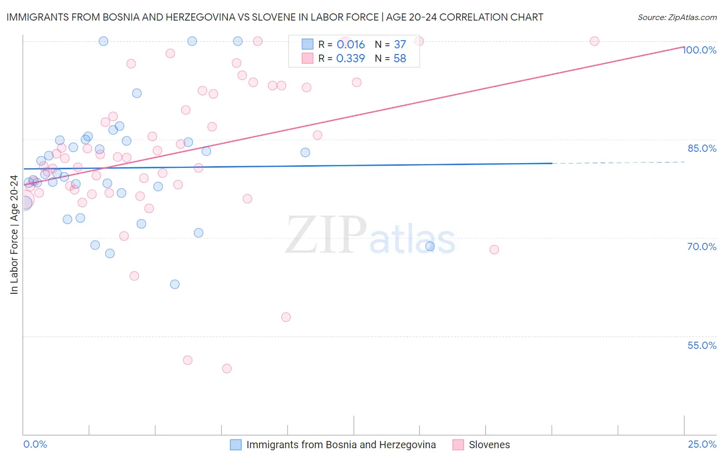 Immigrants from Bosnia and Herzegovina vs Slovene In Labor Force | Age 20-24