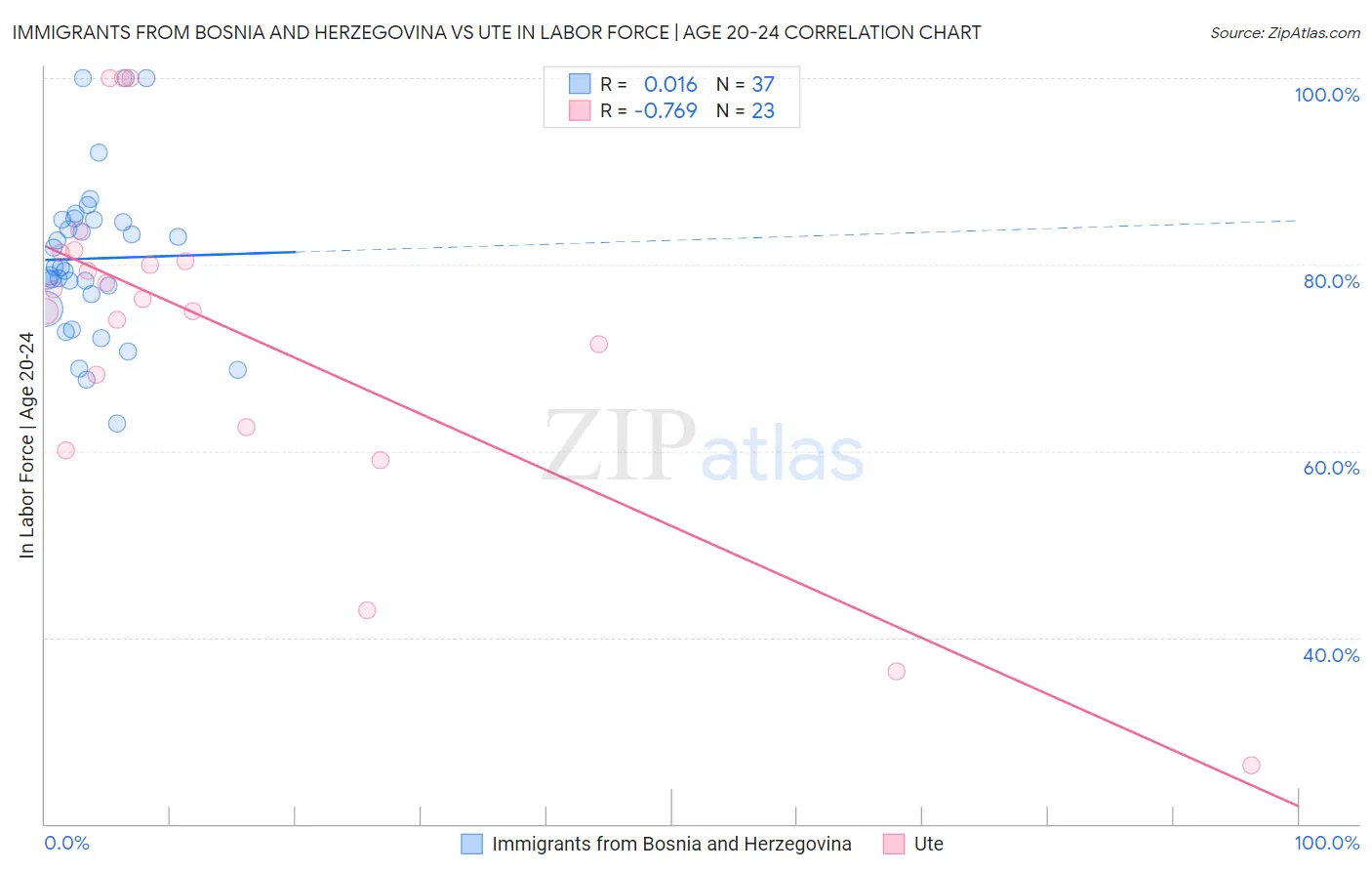 Immigrants from Bosnia and Herzegovina vs Ute In Labor Force | Age 20-24