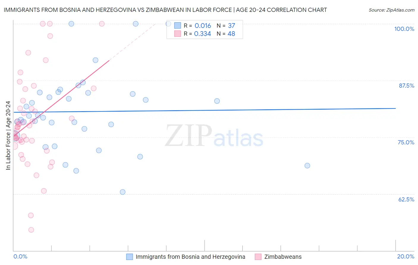 Immigrants from Bosnia and Herzegovina vs Zimbabwean In Labor Force | Age 20-24