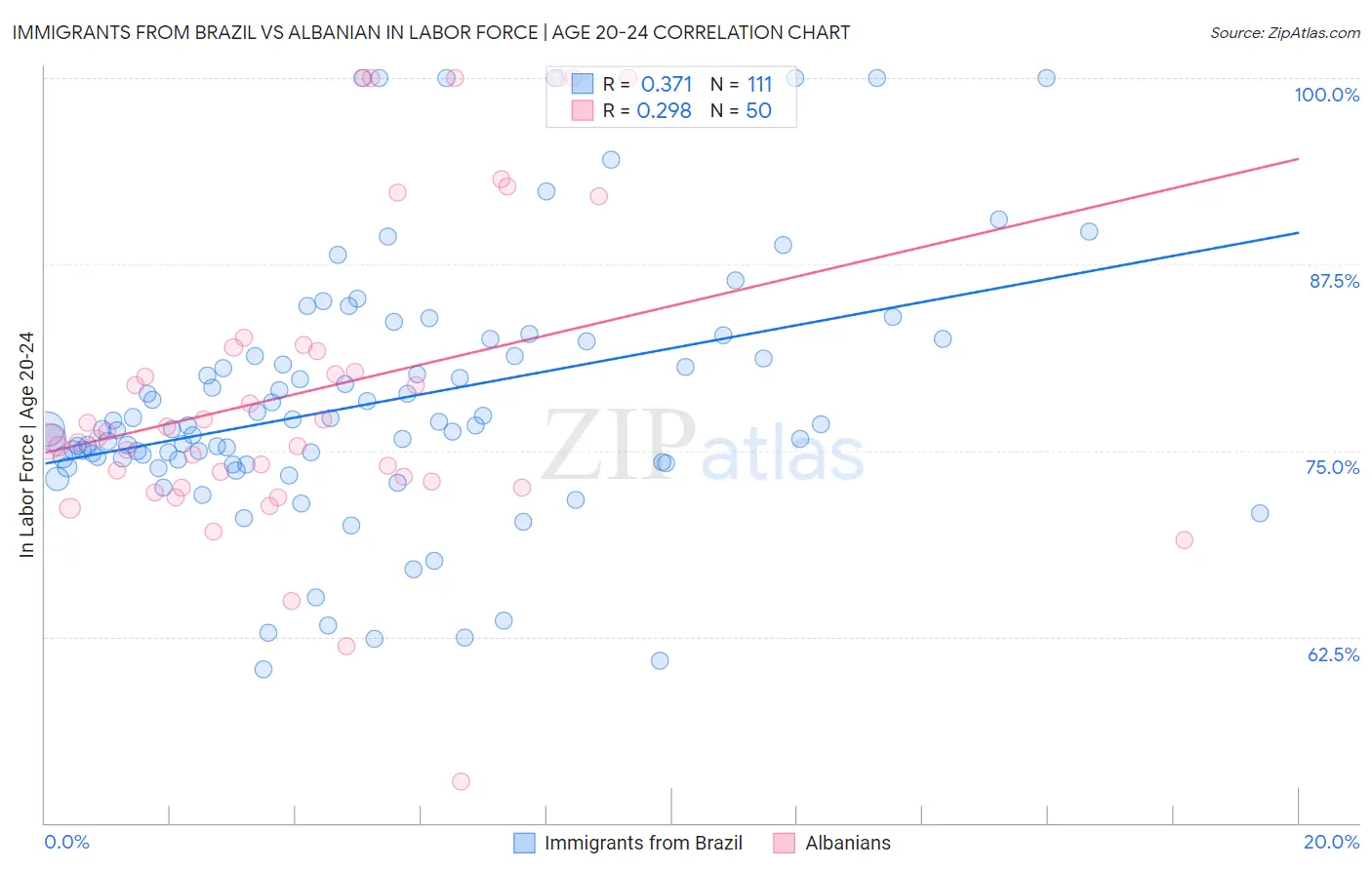 Immigrants from Brazil vs Albanian In Labor Force | Age 20-24