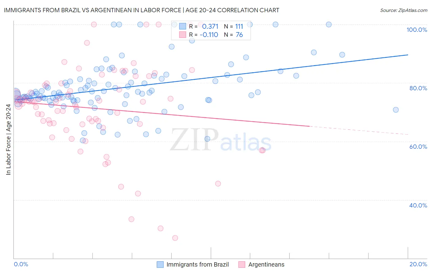 Immigrants from Brazil vs Argentinean In Labor Force | Age 20-24
