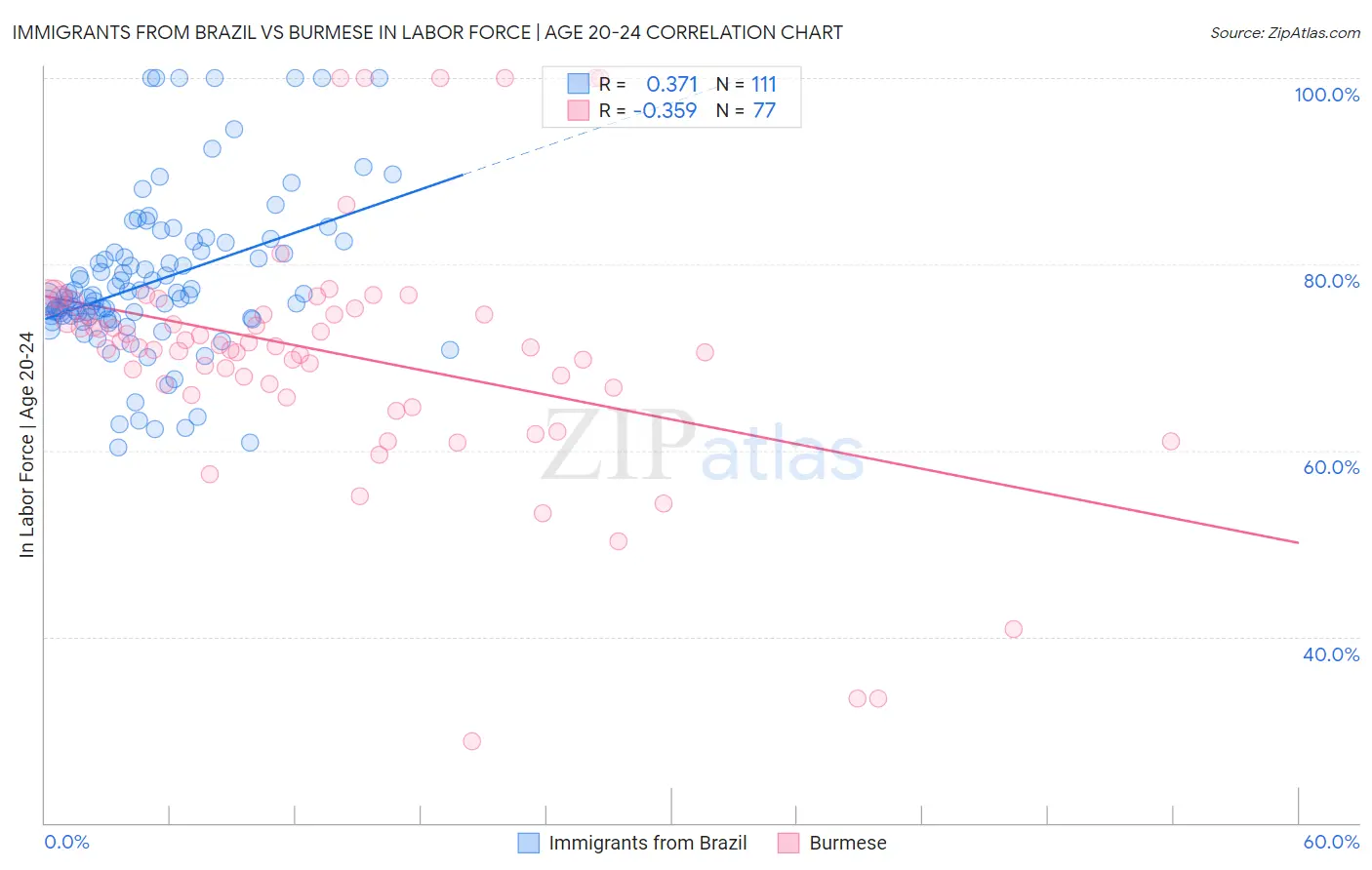 Immigrants from Brazil vs Burmese In Labor Force | Age 20-24