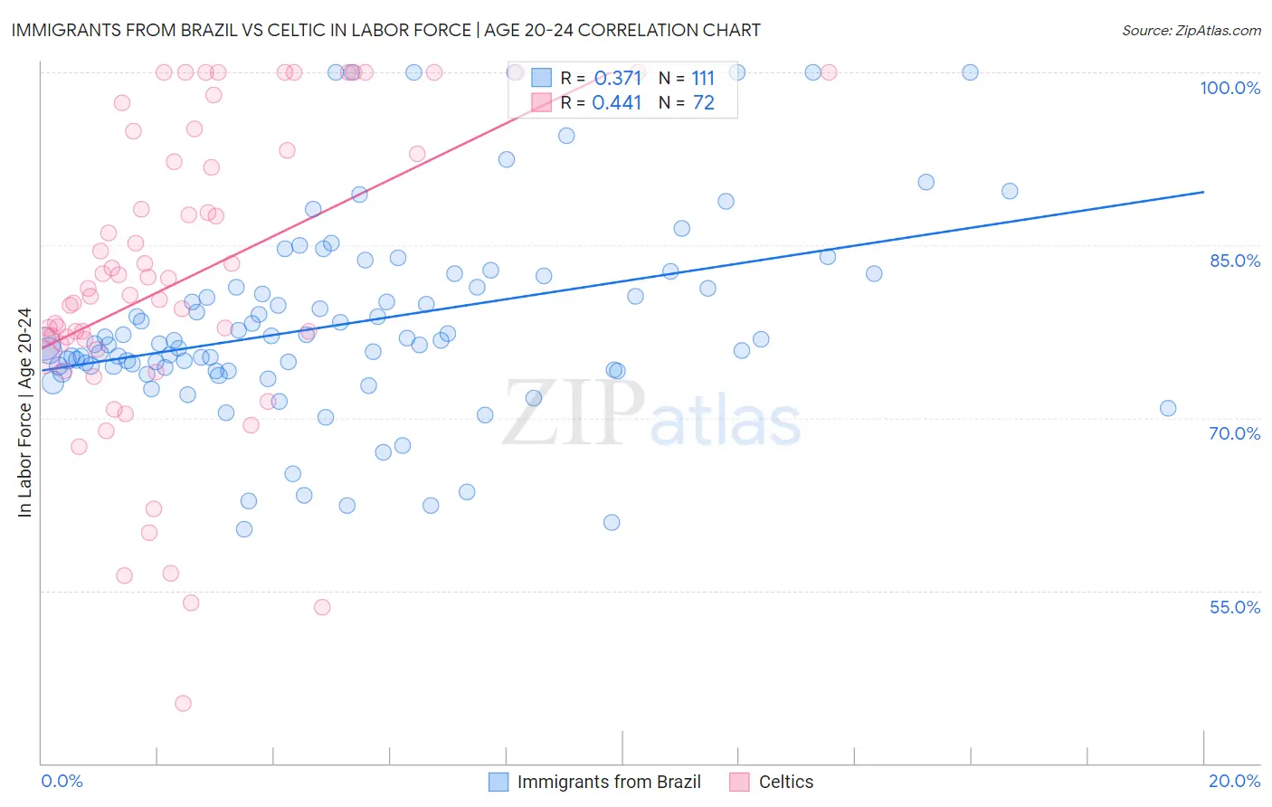 Immigrants from Brazil vs Celtic In Labor Force | Age 20-24