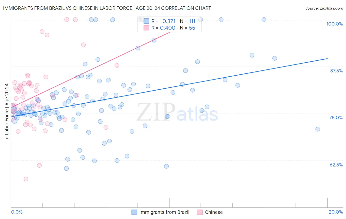 Immigrants from Brazil vs Chinese In Labor Force | Age 20-24