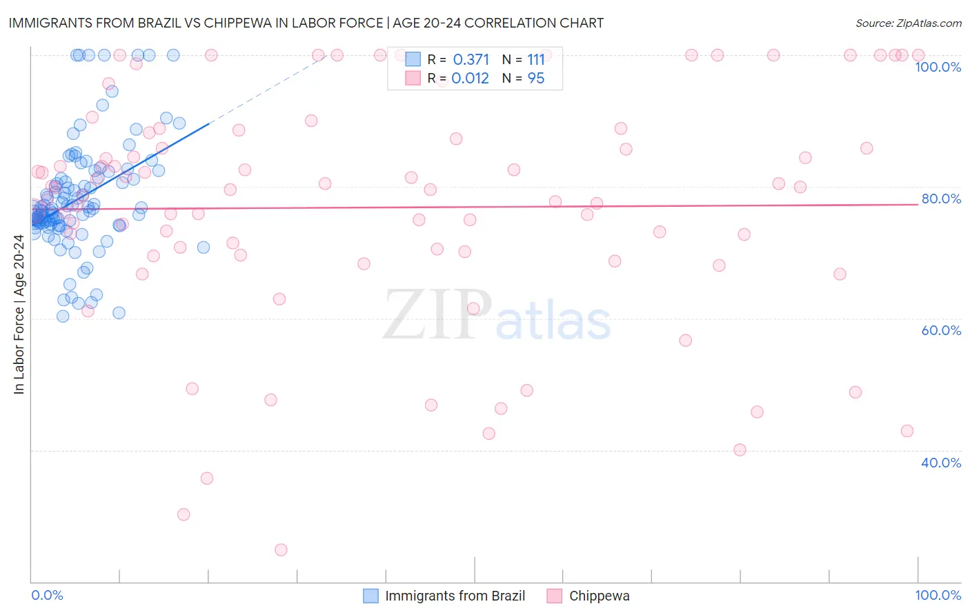 Immigrants from Brazil vs Chippewa In Labor Force | Age 20-24
